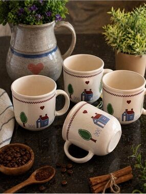 Farmhouse Cottage Core Coffee Mug Set of 4 Rustic Speckled Ceramic House Design
